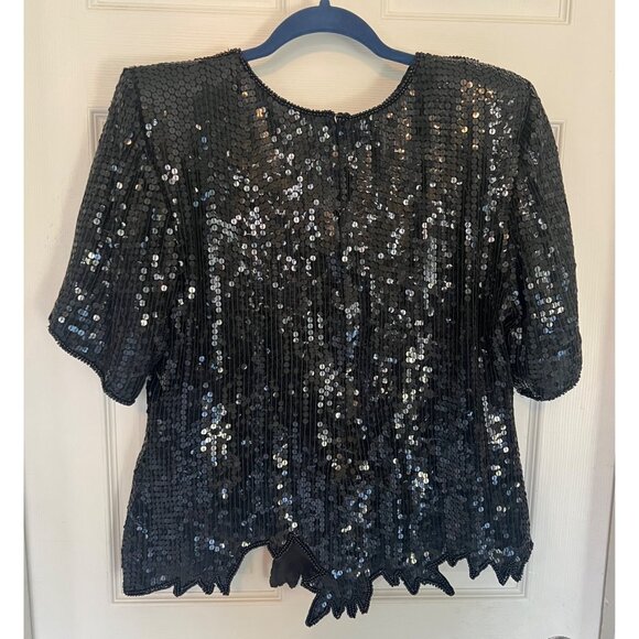 Vintage 80's Stenay Short Sleeve Sequin Floral 100% Silk Formal Blouse Size XL - Picture 4 of 9